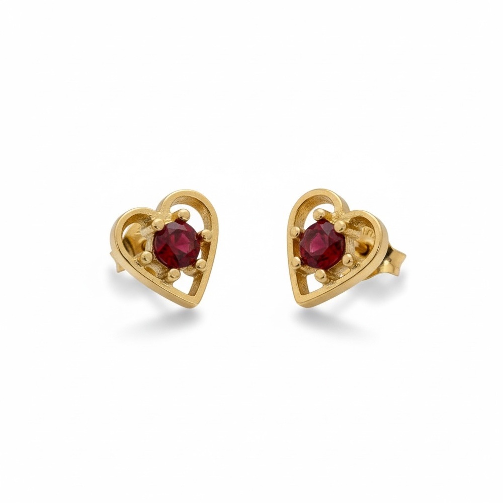 Vintage Gold Heart Earrings with Red Gemstone